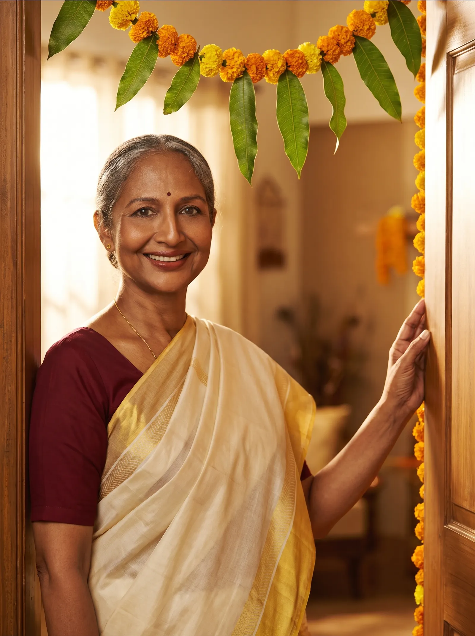 Asha, Yajman's digital host, welcoming at a marigold-draped doorway
