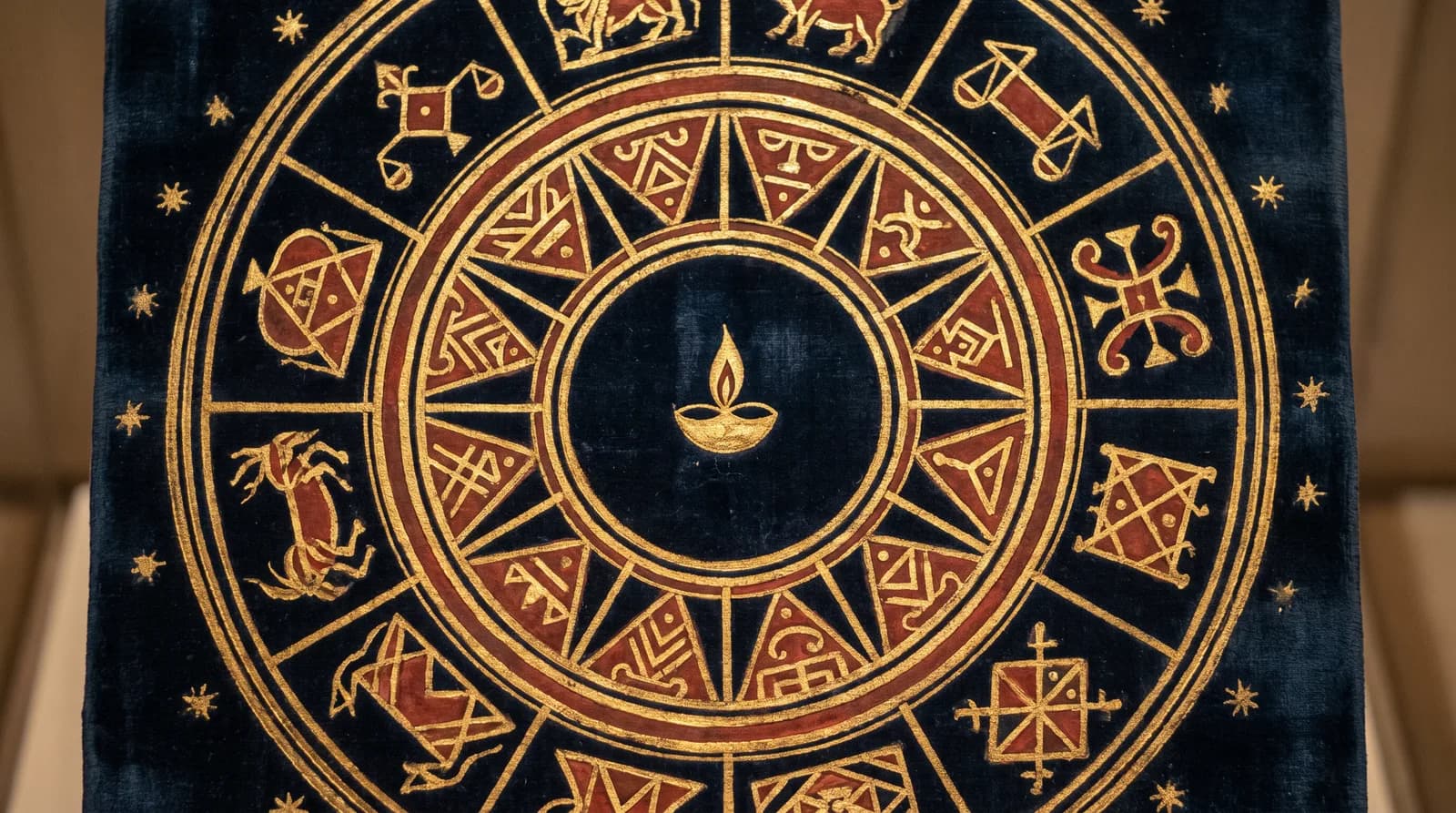 An ornate gold zodiac wheel painted on midnight velvet, a diya flame at its center