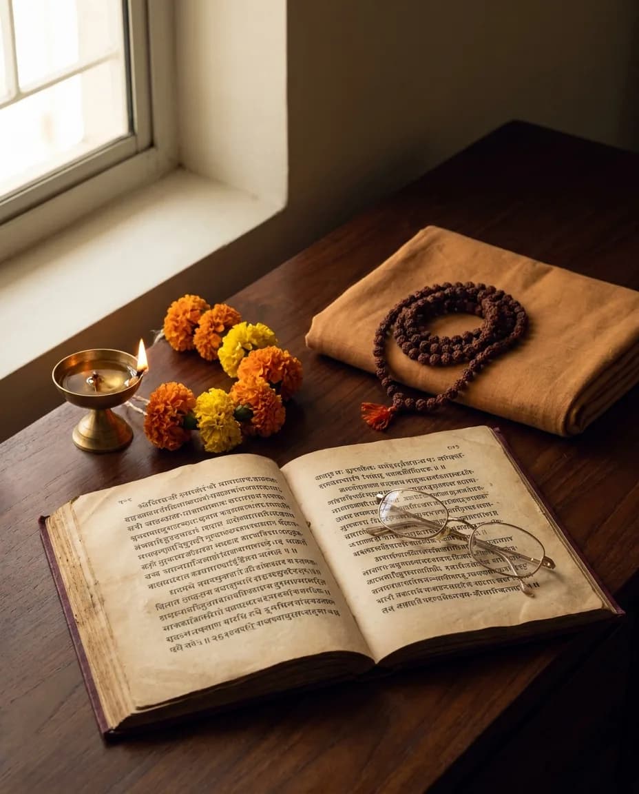 The reviewer's desk: a worn Sanskrit prayer book, rudraksha mala, saffron shawl, and a lit diya